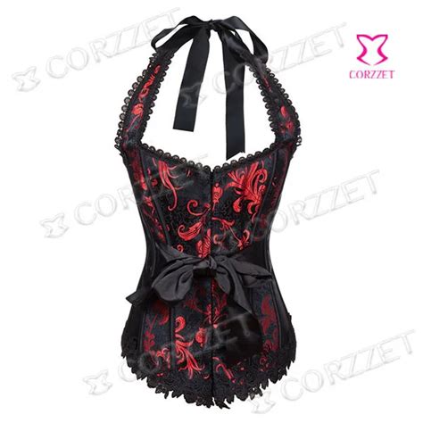 Buy Black Jacquard And Red Floral Embroidery Halter Neck Push Up Gothic Sexy