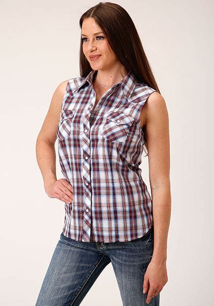 Womens Sleeveless Cowgirl Shirt WINE NAVY WHITE PLAID