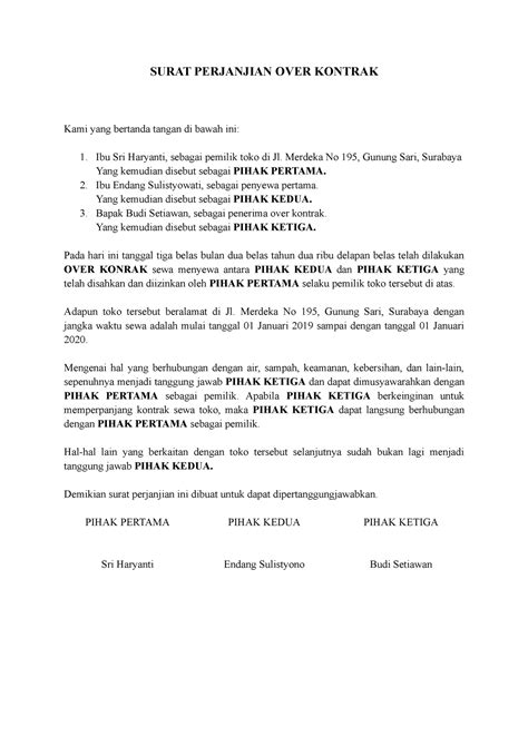 Surat Over Kontrak Toko Di Indonesia Surat Perjanjian Over Kontrak