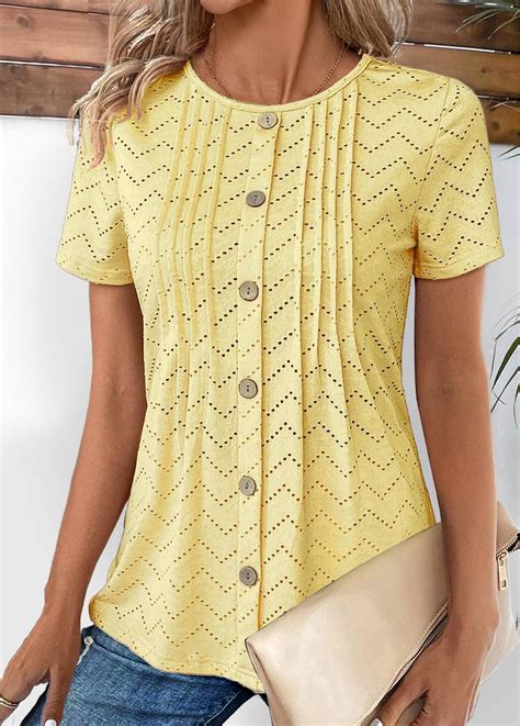 Light Yellow Tuck Stitch Short Sleeve T Shirt Modlily Usd