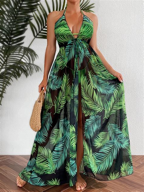 Shein Swim Vcay Tropical Print Tie Front Halter Neck Backless Kimono