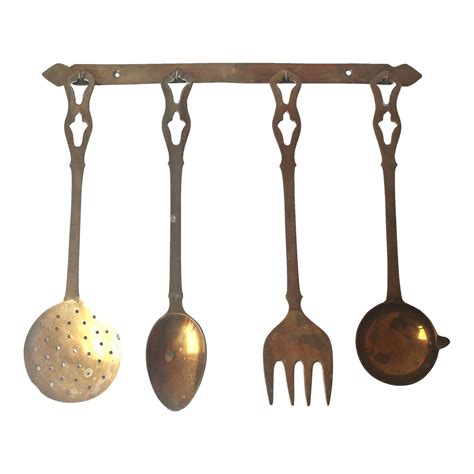 1970s Vintage Brass Utensil Set With Hanger Large Utensils For Cooking And Serving 5 Pieces