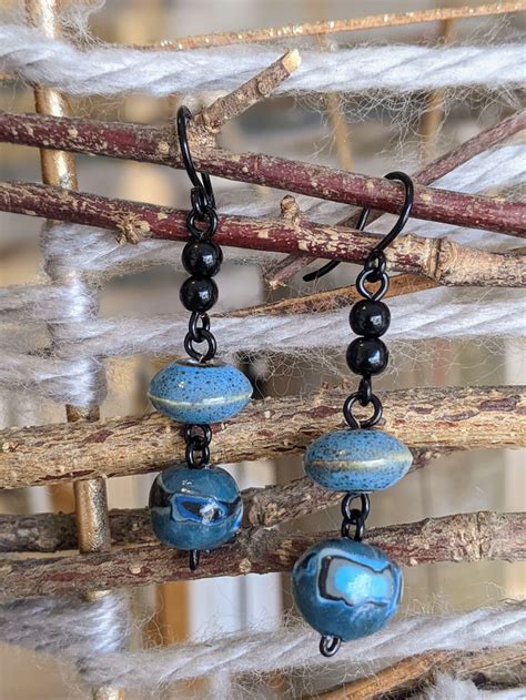 Longues Boucles D Oreilles Bleues Et Noires En P Te Polym Re Avec