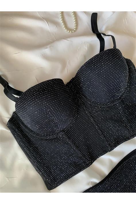 ROZENİN LINGERIE Siyah Taşlı Korseli Destekli Büstiyer Sütyen Takımı Fiyatı Yorumları Trendyol