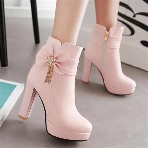 White Pink Black Pastel Bow High Heel Boots Sp Bow High Heels