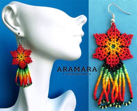 Mexican Earrings Huichol Earrings Beaded Flower Flower Etsy