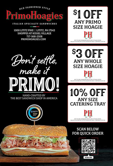 $2 off any primo size hoagie. at PRIMO HOAGIES/LITITZ PIKE - Lititz, PA