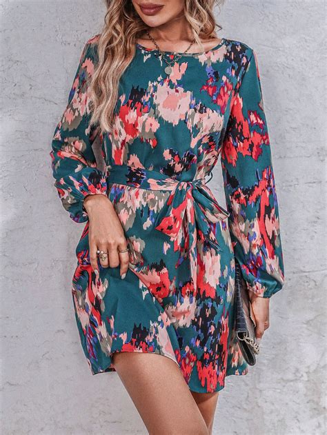 SHEIN Unity Allover Print Lantern Sleeve Belted Dress SHEIN USA