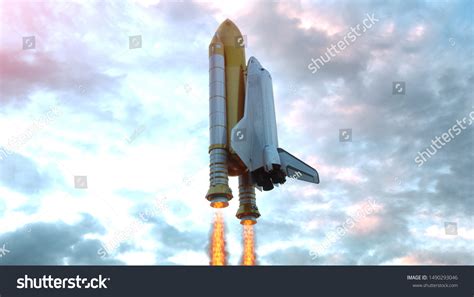 Space Shuttle Flying Over Clouds 3d Stock Illustration 1490293046