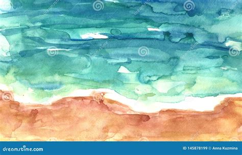 Aerial View Of Sandy Beach And Blue Sea Watercolor Wash Texture