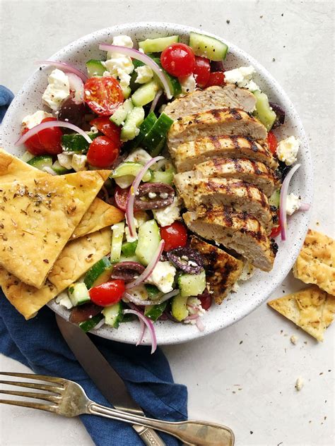 Greek Salad With Grilled Chicken And Baked Pita Wedges By Thefeedfeed