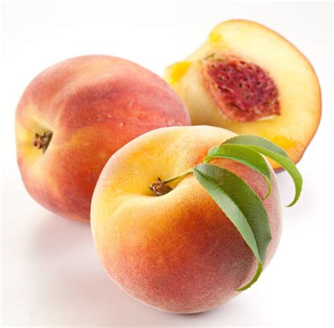 Ripe Peach Fruit With Green Leafs Isolated Stock Photo Image Of