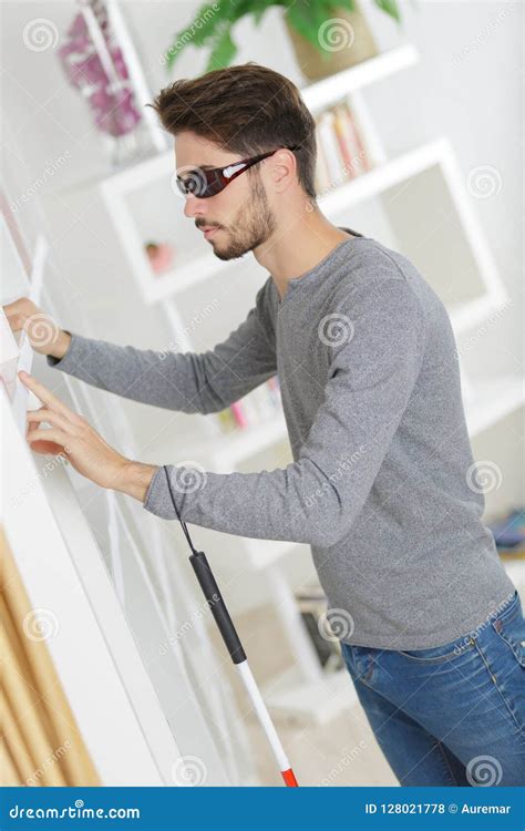 Blind Man With White Stick And Dark Glasses At Home Stock Photo Image