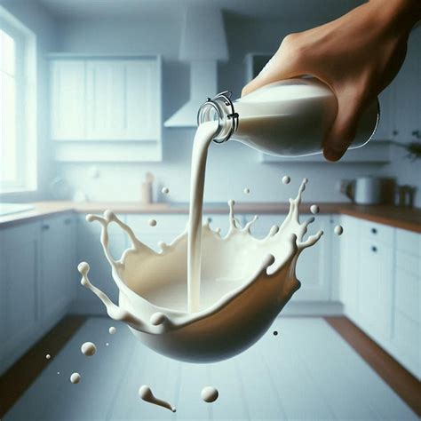 A Person Pouring Milk Into A Bowl With A Hand Holding A Spoon Premium