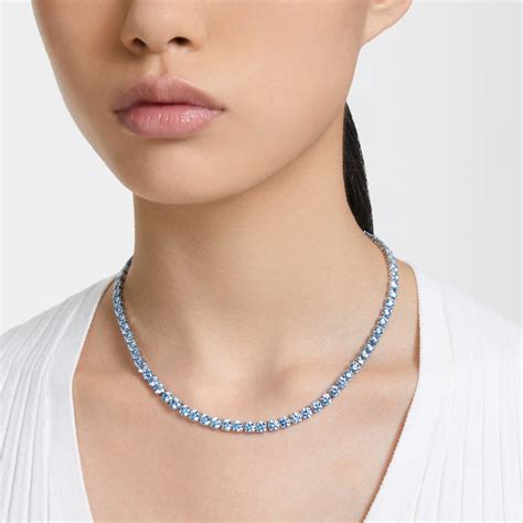 Matrix Tennis Necklace Round Cut Medium Blue Rhodium Plated Swarovski