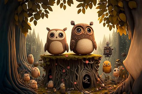 Premium Ai Image A Painting Of Two Owls On A Tree Stump