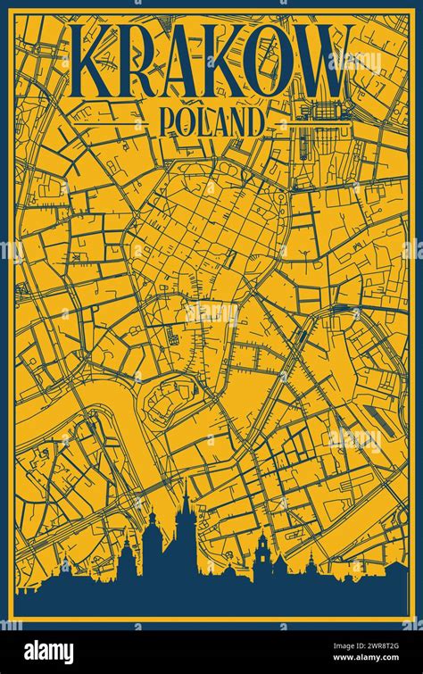 Hand Drawn City Road Network And Skyline Poster Of The Downtown Krakow