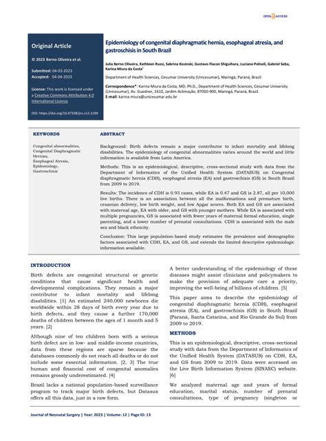 Pdf Epidemiology Of Congenital Diaphragmatic Hernia Esophageal