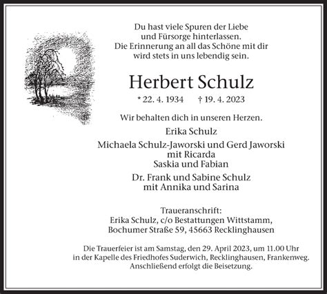 Traueranzeigen Von Herbert Schulz Sich Erinnern De