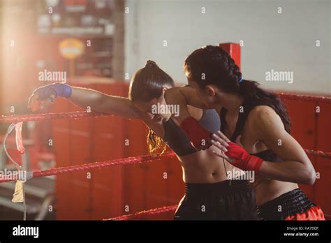 Female Boxers Fighting In Boxing Ring Stock Photo Alamy