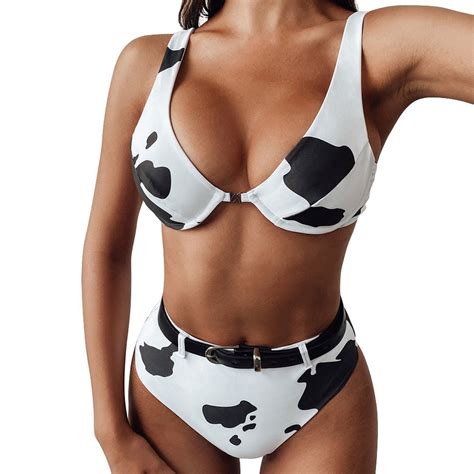 Women Sexy Dots Printed Milk Cow Color Bikini Sets With Underwire Chest