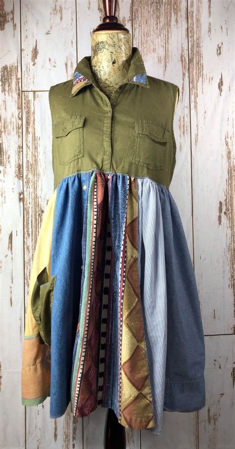 L M Women S Up Cycled Tunic Dress Rustic Look Shirt Dress Patchwork