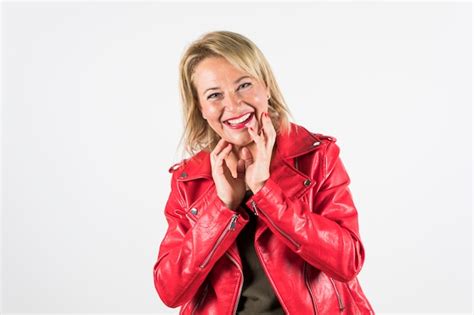 Free Photo Happy Portrait Of Mature Woman In Red Jacket Isolated On White Backdrop