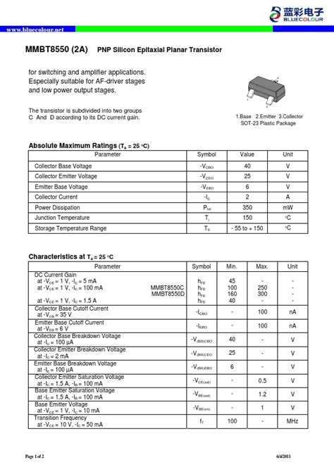 Mmbt8550 Datasheet Pnp Silicon Epitaxial Planar Transistor