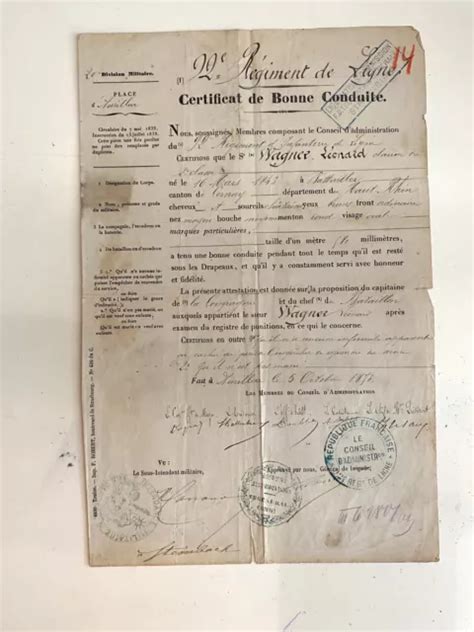 ANCIEN DOCUMENT MILITAIRE Certificat bonne conduite 22 Régiment de