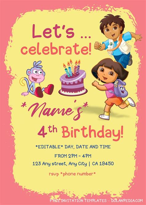 Dora The Explorer Birthday Invitation Templates Editable With Microsoft Word Birthday