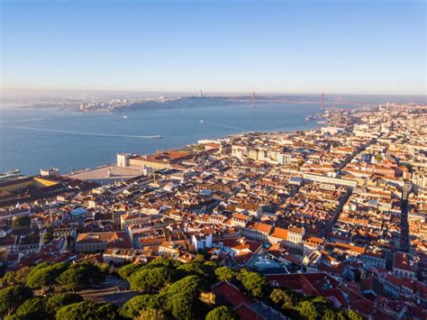 Aerial Panoramic Birds Eye View Of The Old Town Of Lisbon Stock Photo