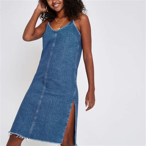 River Island Blue Denim Side Split Midi Dress In Bodycon Dress