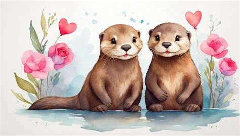 Premium Photo Watercolor Drawing Cute Otters In Love Ai Generated