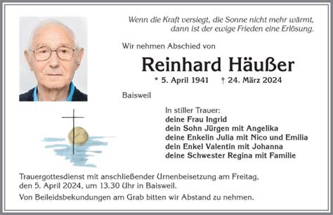 Traueranzeigen Von Reinhard H U Er Allg Uer Zeitung