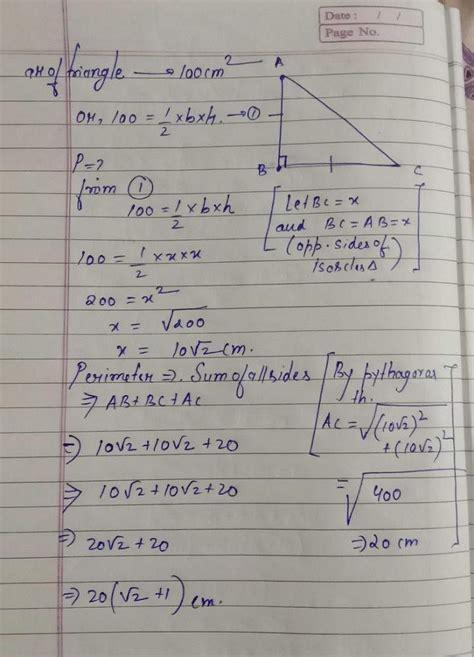 The Area Of An Right Isosceles Triangle Is 100cm Square Find Its Perimeter Edurev Class 8