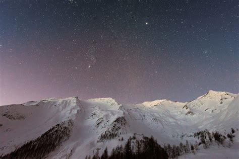 Mountain Snow Sunset Stars Sky Royalty Free Photo