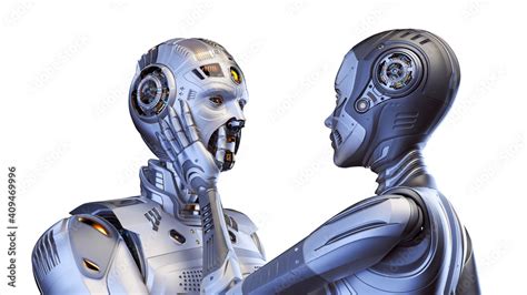 3d Render Of Two Detailed Cyborgs Man And Woman Or Futuristic Humanoid Robots Touching Each