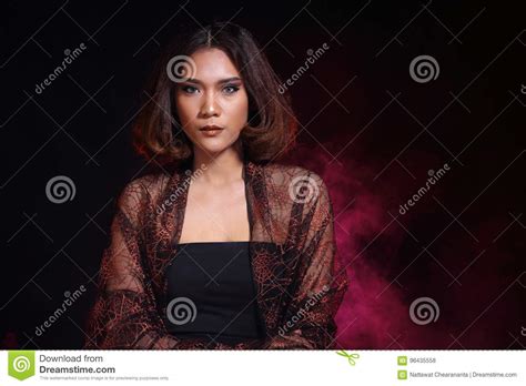 Asian Woman Fashion Make Up Brunette Hair Studio Lighting Black Stock