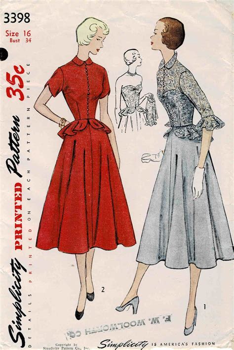 1950s Misses Strapless Evening Peplum Full Skirt Dress Simplicity 3398