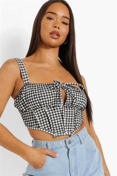 Black Gingham Corset Style Crop Top Boohoo Uk