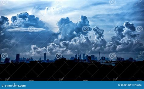 Dark Blue Storm Clouds Over City In Rainy Season Stock Image Image Of