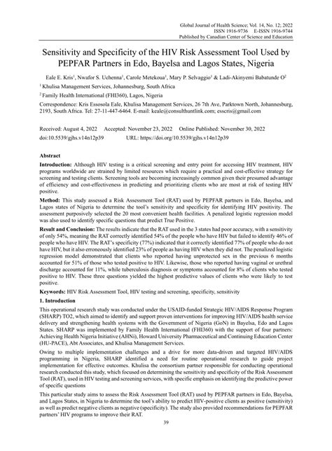 Pdf Sensitivity And Specificity Of The Hiv Risk Assessment Tool Used By Pepfar Partners In Edo