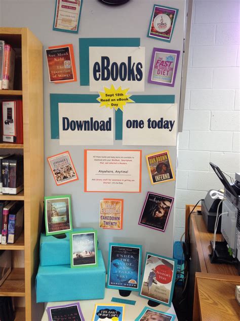 Library ebook display. The cards with book covers have write ups about the books for people ...