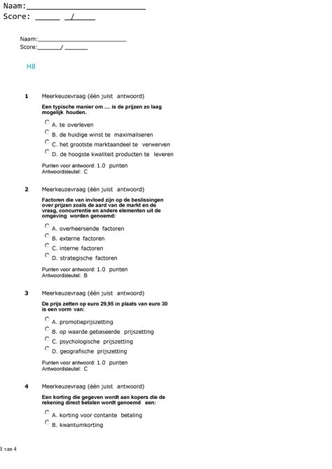 Proef Oefen Tentamen 2016 Vragen En Antwoorden MK H8 Naam Score