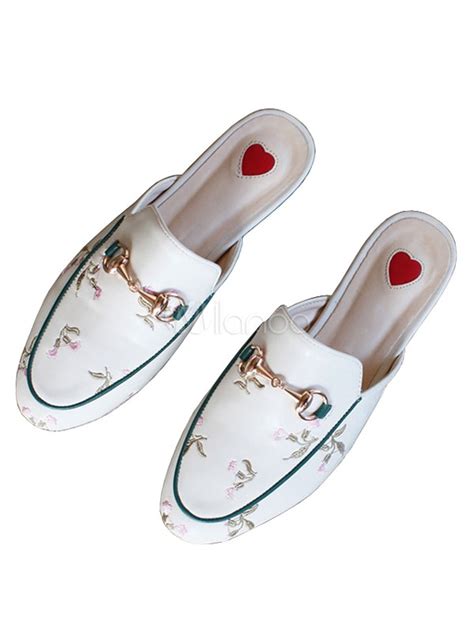 White Mules Shoes Round Toe Embroidered Metal Detail Slip On Mules ...