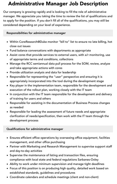 Administrative Manager Job Description Velvet Jobs