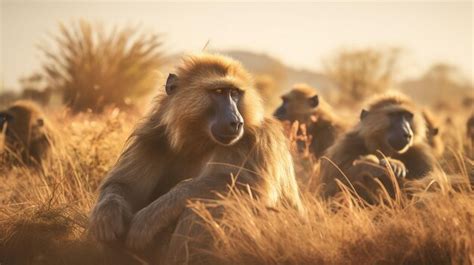 Premium AI Image Photo Of A Herd Of Baboon Resting In An Open Area On