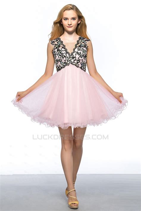 A Line V Neck Short Pink Applique Beaded Prom Evening Cocktail