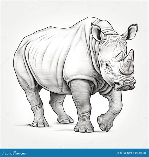 Hyper Realistic Hand Drawn Red Rhino Walking Illustration Stock