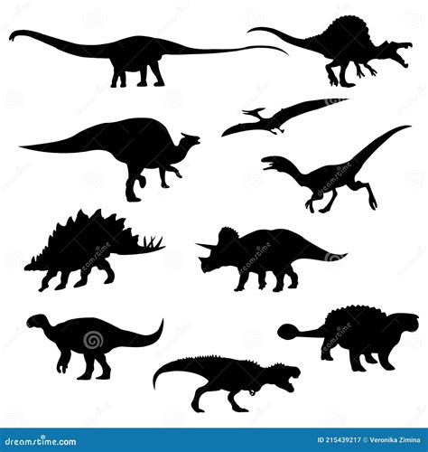 Conjunto De Dinossauros Silhuetas Isoladas Em Fundo Branco Ilustração